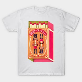 Two colorful nutcrackers on a matchbox with hand lettering on a pink background. Colorful festive winter Merry Christmas illustration T-Shirt